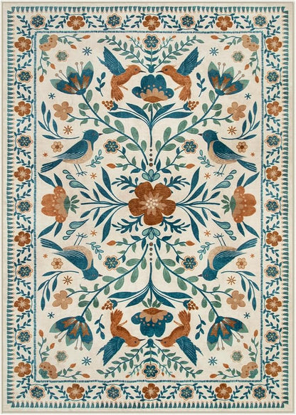 Moynesa Bedroom Rug 5x7, Washable Modern Bohemian Area Rugs for Living Room Dining Room, Farmhouse Floral Bird Print Pattern Carpet, Retro Home Decor Open Floor Areas Non-Slip Protection