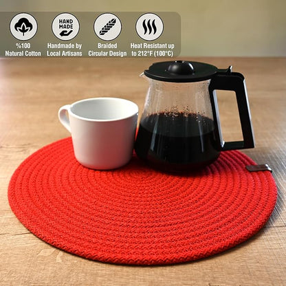 Round Placemats, Set of 4, Handmade by Braided Cotton Cord for Kitchen and Dining Table, Dia. 12.6 Inch, Doublesided, Heat Resistant, Washable, Red/Green