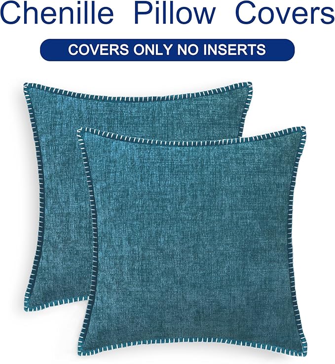 CaliTime Throw Pillow Covers Decorative 18 X 18 Inches Pack of 2 Cotton Thread Stitching Edges Solid Dyed Soft Chenille Cushion Cases for Couch Sofa Bed Living Room Farmhouse Ocean Blue