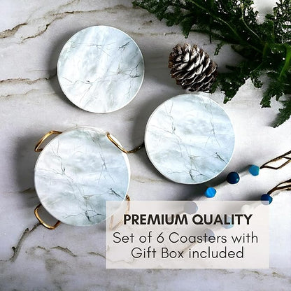 Ceramic Absorbent Coasters Set of 6 with Holder, Marble Drink Coasters for Coffee Table, Water Absorbing Coaster (Porcelain)