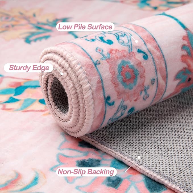 Tangsoo Pink Small Rug for Entryway, 2x3 Washable Entry Rug for Girls Nursery Bedroom Bedside, Non Slip Floral Area Throw Rugs Soft Cute Floor Carpet Indoor Mat for Entrance Kitchen Bathroom