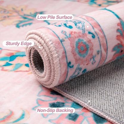 Tangsoo Pink Small Rug for Entryway, 2x3 Washable Entry Rug for Girls Nursery Bedroom Bedside, Non Slip Floral Area Throw Rugs Soft Cute Floor Carpet Indoor Mat for Entrance Kitchen Bathroom