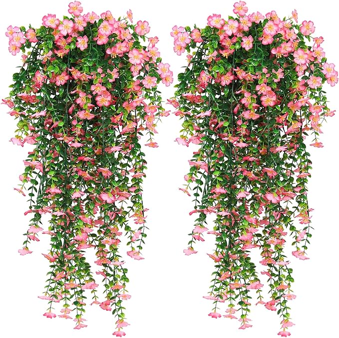 RECUTMS Artificial Hanging Flowers for Outdoors 4Pcs Faux Silk Daisy Plant with Eucalyptus Leaves UV Resistant Fake Flower Look Real for Home Garden Porch Patio Door (Pink)