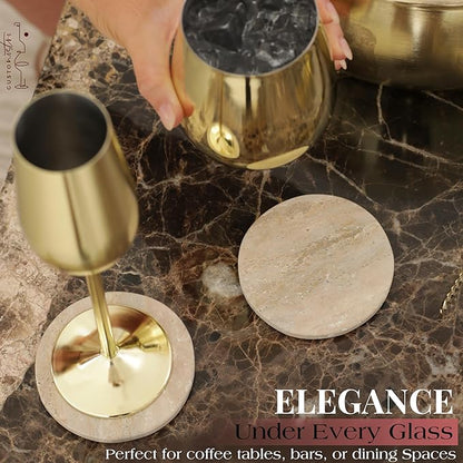 Gusto Nostro Beige Travertine Coasters - Absorbent Stone Coasters Set of 6 - High-end, Natural Stone Coaster for Drinks - Anti-slip Round Artisanal Travertine Coaster for Kitchen Counter, Coffee Table