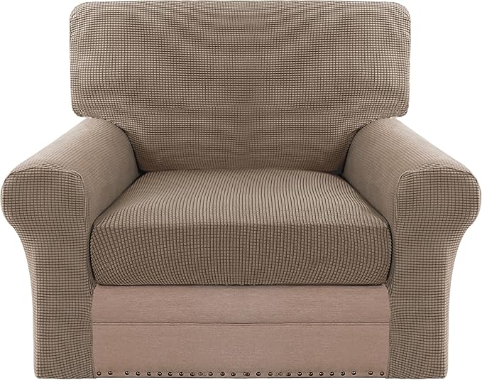 H.VERSAILTEX Multi-Pieces Chair Covers Stretch Couch Covers Form Fitted Seat and Back Cushions Covers (1 Seat Cover Plus 1 Back Cusion Cover, Bonus 2 Armrest Covers), Macchiato