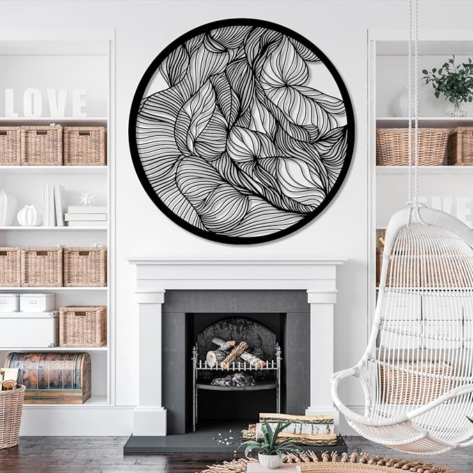 Abstract Lines Metal Wall Decor, Round Metal Wall Art, Line Art Wall Decor, Metal Abstract Wall Art, Metal Irregular Wall Hanging, Geometric Art, Metal Wall Art for Living Room (White, 30"x30"/76x76cm, metal wall art)