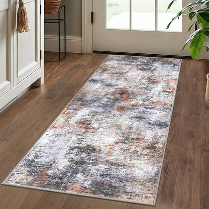 Modern Abstract Runner Rug 2x5, Grey Orange Multi Colorful Washable Kitchen Entryway Mat Non-Slip Soft Hallway Thin Print Faux Wool Carpet for Bedroom Laundry Room Indoor