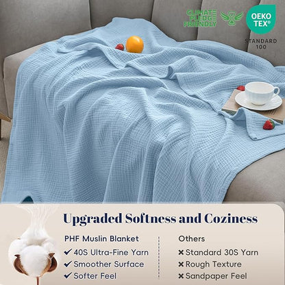 PHF 100% Cotton Muslin Throw Blanket 50" x 60", 4-Layer Lightweight Gauze Throw, Breathable Cloud-Soft Minimalist Blanket for Bed, Couch, Camping & Baby, Sky Blue, Ideal Gift