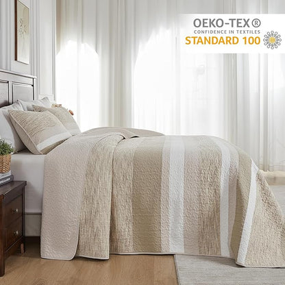 Finlonte 100% Cotton Overized King Bedspread Set, Striped Reversible Lightweight Quilted Bedspreads Coverlet, 3-Piece, Brown, King Size