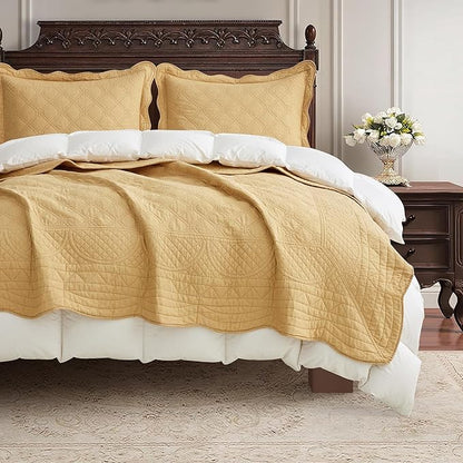 CHIXIN Cotton Bedspread Full Size - Real Stitching - Luxury Quilted Bedding Cover for All Season, Reversible, Ultra Soft, Lightweight, 3 Piece, Honey Gold