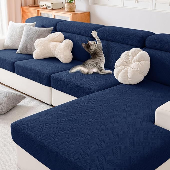 hyha Waterproof Couch Cushion Covers, Waterproof Sectional Couch Covers for Cushion Sofa for Pets, Stretch Sofa Slipcover Washable with Elastic Bottom(Back Cover L, Navy)