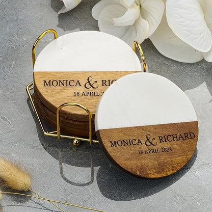 AWESOMETIK Custom Personalized Marble and Acacia Wood Coasters for Cups – Engraved Round Bar Coasters with Monogram, Wedding Gift for Couples, Anniversary, Housewarming, or Engagement Home Decor Set