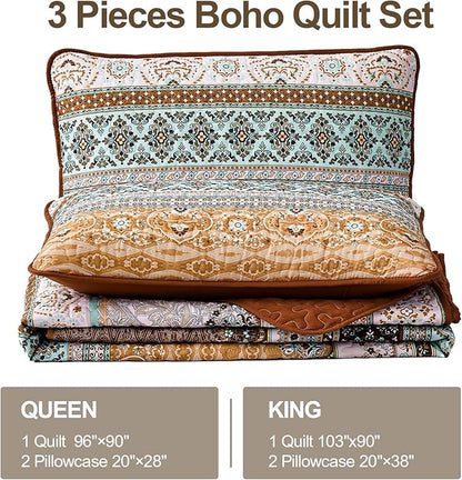 WONGS BEDDING Boho Fall Quilt Set King, Brown Bohemian Quilt Bedding Set, Ultra Soft Lightweight Bed Decor Bedspread for All Season Reversible Microfiber Coverlet Bedding Set 103"x90"(3 Pieces)