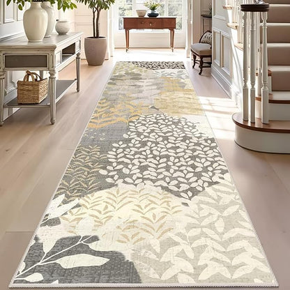 DEXDE Runner Rug 2x8, Washable Hallway Boho Soft Area Rugs Abstract Long Non Slip Leaves Floral Vintage Floor Carpet for Entryway Kitchen Laundry Bathroom Bedroom, Gray
