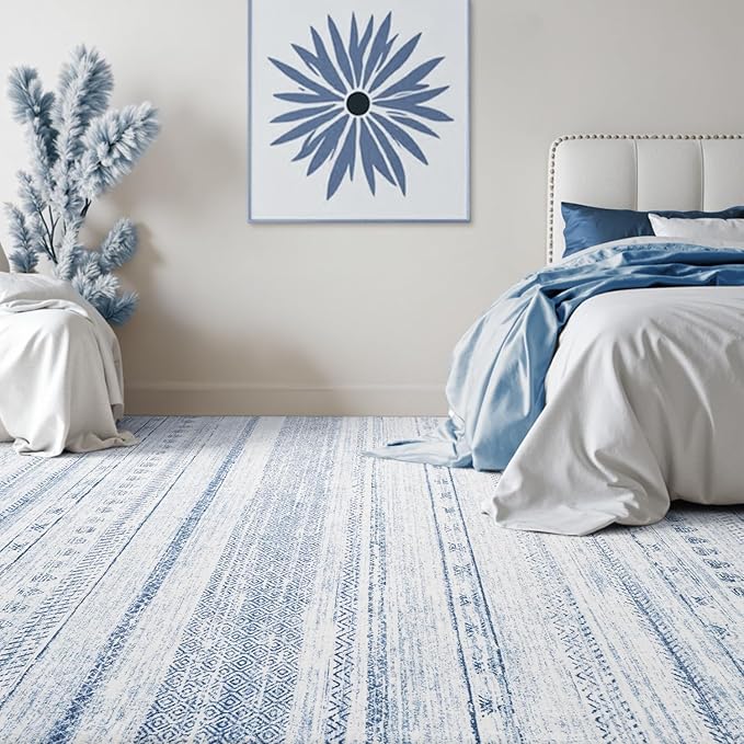 5x7 Area Rugs for Living Room Machine Washable Rug Distressed Indoor Carpet Neutral Moroccan Boho Rug Ultra Soft Area Rug for Bedroom Dining Room Playroom Office, Blue