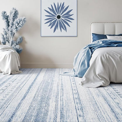 5x7 Area Rugs for Living Room Machine Washable Rug Distressed Indoor Carpet Neutral Moroccan Boho Rug Ultra Soft Area Rug for Bedroom Dining Room Playroom Office, Blue