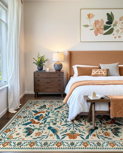 Moynesa Area Rugs 9x12 Retro Home Decor, Modern Bohemian Farmhouse Floral Bird Print Pattern Medallion Carpet for Large Living Room Bedroom Dining Room,Floor Protection Non-Slip Washable