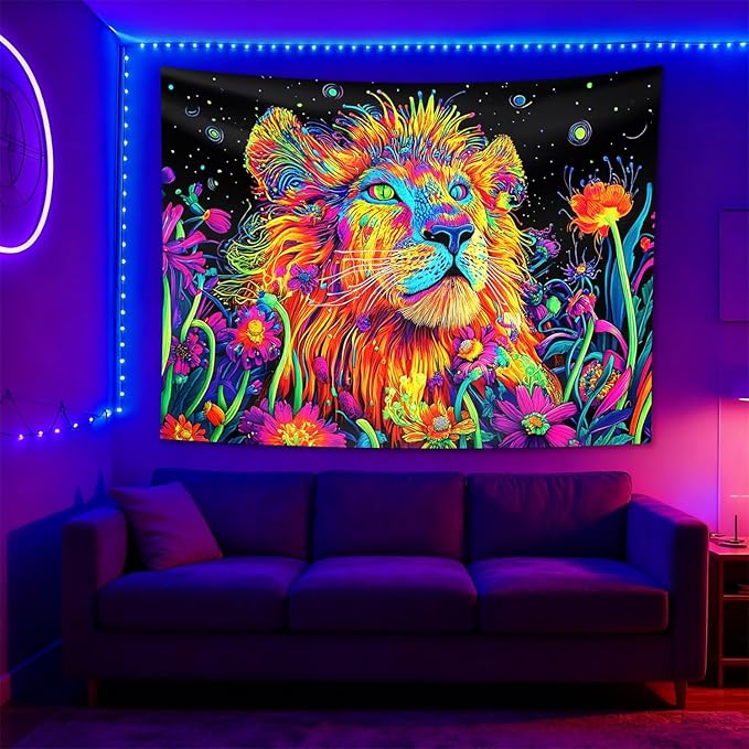seewan Black Light Lion Tapestry, UV-Reactive Neon Galaxy Lion Wall Hanging, Psychedelic Animal Art Paired with Dreamy Floral Tapestry, Bedroom Dorm Living Room Background Decor