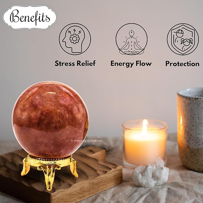 Amazing Gemstone Strawberry Quartz Crystal Ball with Stand - 1.5 Inches Crystal Sphere Meditation Balls for Witchcraft and Decorative Balls