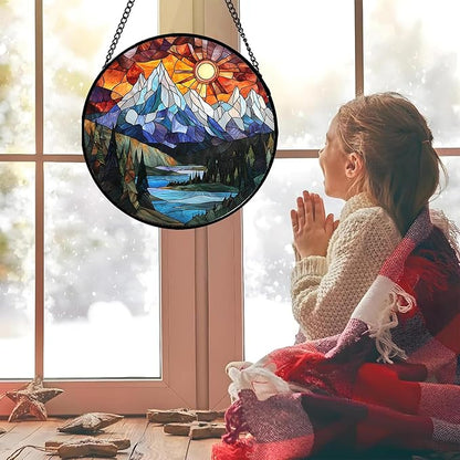 Stained Glass Window Hanging - Colorful Mountain Lake Landscape Sun Catcher for Door Garden Home Decor Suncatcher Christmas Mother's Day Birthday Gifts for Women Men Mom Nana 11.8 in