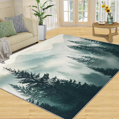 Misty Forest 6x8 Area Rug Natural Landscape Washable Rugs for Living Room Bedroom, Green Woods Soft Low Pile Non Slip Accent Floor Mat Print Throw Rug Indoor Carpet Dining Room Playroom