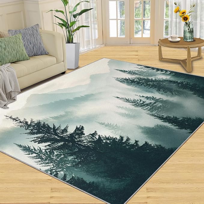 Misty Forest 5x8 Area Rug Natural Landscape Washable Rugs for Living Room Bedroom, Green Woods Soft Low Pile Non Slip Accent Floor Mat Print Throw Rug Indoor Carpet Dining Room Playroom