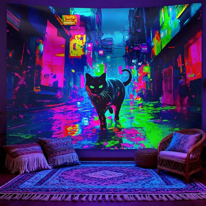 seewan Black Light Reactive Cat Tapestry, Neon Futuristic Urban Street Art, UV-Reactive Cat Tapestry, Sci-Fi Black Cat Wall Decor, Bedroom Dorm Living Room Background Decor