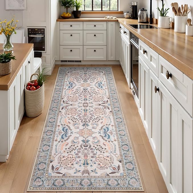 Tangsoo 2x6 Washable Runner Rug for Hallways,Non Slip Vintage Floral Rug Runner, Soft Low Pile Neutral Floor Carpet Runners for Kitchen Bedroom Entryway Living Room Bedside Laundry Home Decor
