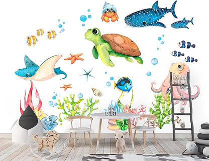 Ocean Playground Wall Decal - Cartoon Underwater Fun with Turtle, Whale, and Octopus, Removable Peel-and-Stick Fabric Art for Kids' Room and Playroom Décor (Extra Large)