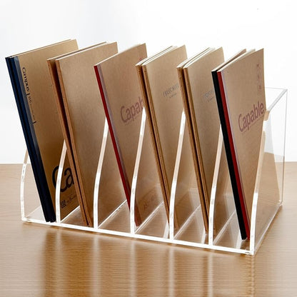 Acrylic Magazine File Holder, 6 Vertical Compartments Desk Document Sorter Organizer, Clear Folder Rack Binder for Office, Documents, Tablets, Magazines, Books – Home/Classroom Rack