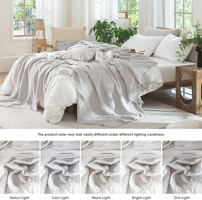 MooMee Muslin Blanket - 100% Cotton 4-Layer Gauze Throw Blanket with All-Around Fringe, Ultra-Soft Breathable Lightweight Cooling Decorative for Bed, Sofa & Couch (Light Grey, Queen 90" x 90")