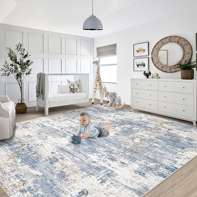8x10 Area Rugs for Living Room, Washable Modern Abstract Large Area Rug Neutral Soft Non Slip Kids Rug Stain Resistant Indoor Carpet for Bedroom Nursery Dining Room Playroom Home Office(Blue, 8'x10')