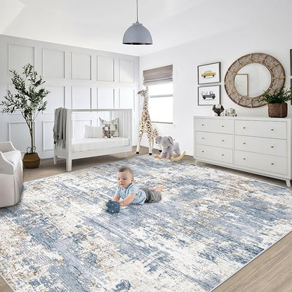 8x10 Area Rugs for Living Room, Washable Modern Abstract Large Area Rug Neutral Soft Non Slip Kids Rug Stain Resistant Indoor Carpet for Bedroom Nursery Dining Room Playroom Home Office(Blue, 8'x10')