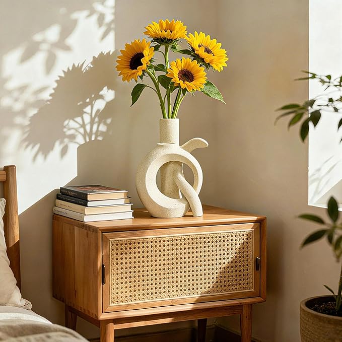 Assemble OK Ceramic Vase Set of 2 for Home Decor, Modern Boho Ins Style Matte Sculptural Flower Vase for Table Centerpiece, Living Room, Shelf, Mantle, Housewarming Gift (Beige White)