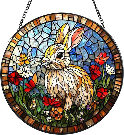 Rabbit Stained Glass Window Hanging, 7.8" Round Sun Catcher Hand Painted Wall Art Decor with Chain, Unique Housewarming Gifts for Couples, Home