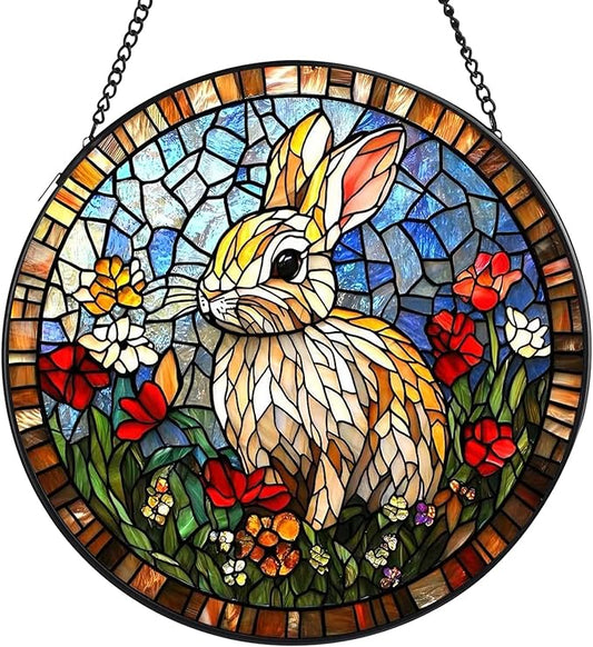 Rabbit Stained Glass Window Hanging, 7.8" Round Sun Catcher Hand Painted Wall Art Decor with Chain, Unique Housewarming Gifts for Couples, Home