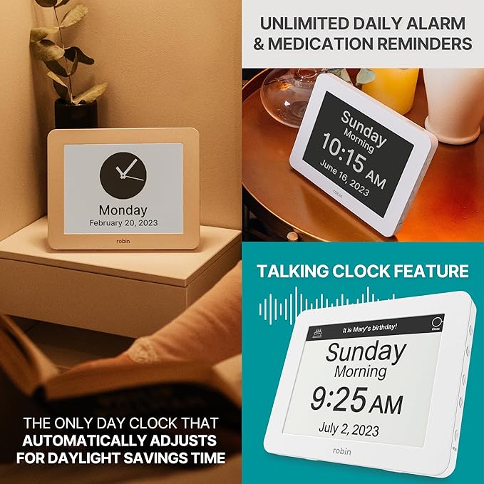 Robin Clock 2025 with Day and Date for Elderly, Clocks for Seniors, Dementia Clock, Digital Calendar Elderly, Bedside Clocks Seniors, Alzheimers Products, Dementia Clocks Extra Large, White
