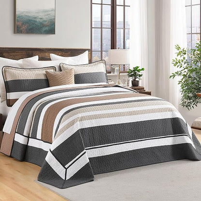 SahSahCasa 120"x120" 100% Cotton Oversized California King Bedspread Striped Quilt Set, Cal King Quilted Bedspread Extra Large Coverlet, XL Bed Spread Lightweight Comforter, Charcoal/Brown/Beige