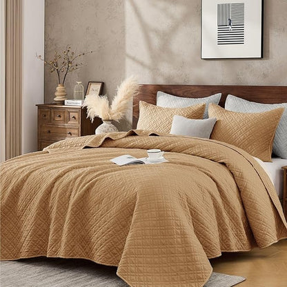 Queen Quilt Set with Shams Lightweight Quilted Bedspread Coverlet Thin Comforter Bed Cover Vintage Washed Quilted Blanket for All Season, Brushed Microfiber Diamond Stitching, Brown, 88"x92"