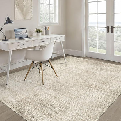 4x6 Rug Washable Area Rugs: Neutral Abstract Soft Modern Stain Resistant Small Indoor Floor Non-Slip Low Pile Throw Carpet for Entryway Kitchen Bedroom Nursery Kids Office Playroom Home House- Beige