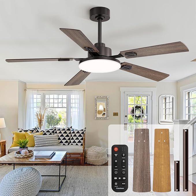 52 Inch Ceiling Fans with Lights and Remote for Bedroom Living Room Kitchen Office, Indoor/Outdoor Use, 5CCT Dimmable, 5 Blades 6 Speed Reversible Quiet DC Motor, Brown/Wood Grain