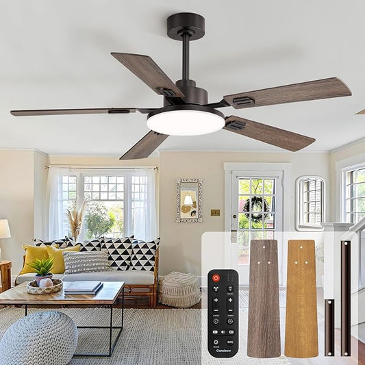 52 Inch Ceiling Fans with Lights and Remote for Bedroom Living Room Kitchen Office, Indoor/Outdoor Use, 5CCT Dimmable, 5 Blades 6 Speed Reversible Quiet DC Motor, Brown/Wood Grain