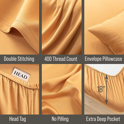 Bella Coterie Luxury Bamboo Viscose Queen Size Sheet Set | 100% Organically Grown | Ultra Soft | Cooling for Hot Sleepers | 18" Deep Pocket [Marigold]