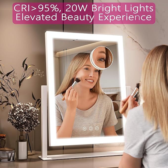 Hollywood Vanity Mirror with Lights, 17" L x 13" W LED Lighted Makeup Mirror, Dimmable & Three Color Lighting Modes, 10X Magnification Mirror, CRI>95% HD, 20W High Brightness (96 LED)