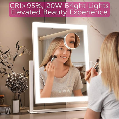 Hollywood Vanity Mirror with Lights, 17" L x 13" W LED Lighted Makeup Mirror, Dimmable & Three Color Lighting Modes, 10X Magnification Mirror, CRI>95% HD, 20W High Brightness (96 LED)