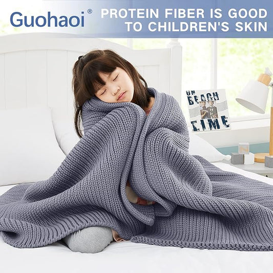 Guohaoi Knitted Weighted Blanket for Adults (Light Grey 48"x72" 10lbs) No Beads Cooling Throw Blanket for Hot Sleepers, Home Decor Breathable Chunky Knit Heavy Blanket Use on Full Size Bed