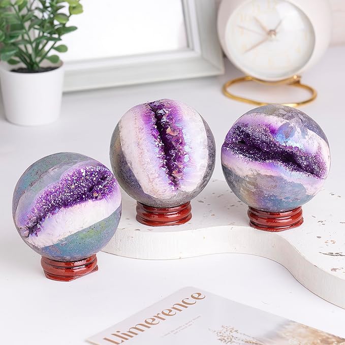 Sportmusies Titanium Coated Rock Crystal Geode Ball with Wooden Stand, Druzy Quartz Stone Cluster Sphere Reiki Home Office Decoration, Purple