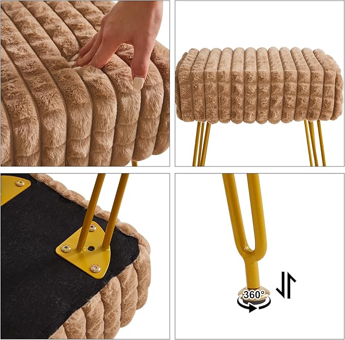 IBUYKE Rectangular Footrest Stool Ottoman, Makeup Vanity Stool Side Table, Velvet Dressing Table Seat, Footstool Chair, Golden Steel Legs, for Makeup Room, Bedroom, Square Grid Pattern, Khaki WBD003K