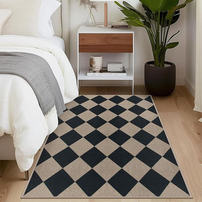 Easy Jute Checkered Area Rug, 3x5 Indoor Outdoor Door Mat Washable Black Modern Diamond Kitchen Rugs, Non-Slip Neutral Farmhouse Throw Carpet for Living Room Patio Kids Room