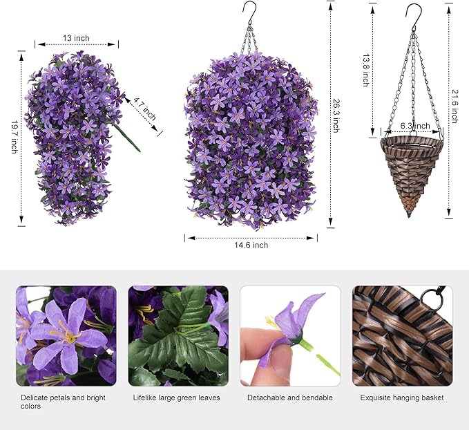 Artificial Faux Hanging Outdoor Plants Flowers Basket for Spring Decoration, Fake Silk Realistic UV Resistant Long Vines Planter for Outside Home Porch Patio (Purple & Light Purple)